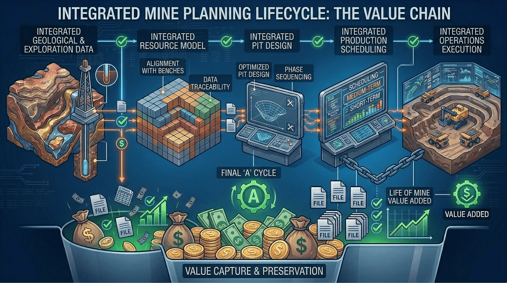 Integrated mine planning lifecycle: the value chain from geological data to operations execution
