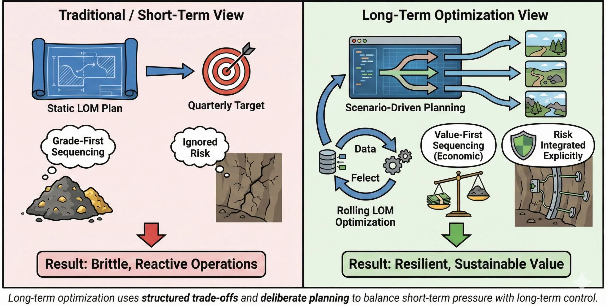 Long-term optimization in mining does not mean ignoring short-term reality. Cash flow matters. Production targets matter. Markets are volatile and capital is finite. The difference is not in whether trade-offs exist, but in how consciously and systematically they are managed.