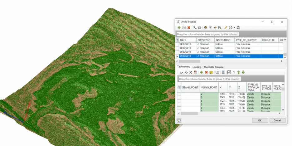 Mine surveying workflow showing survey control, pit mapping, stockpile measurement, and digital terrain modeling in an open-pit mine.