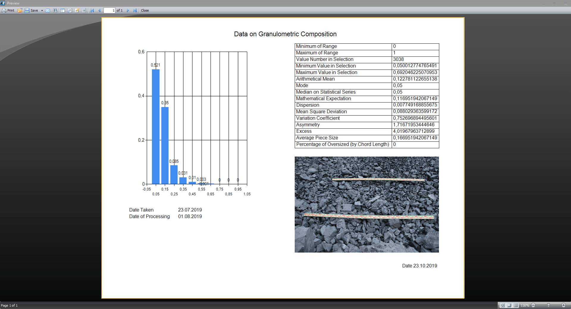 Generating final reports for the calculated granulometric composition of broken mined rock