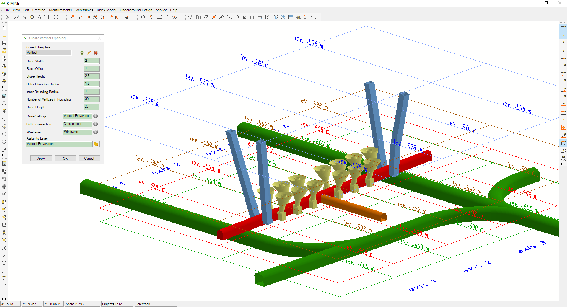 Three-dimensional modeling of mining blocks according to the project