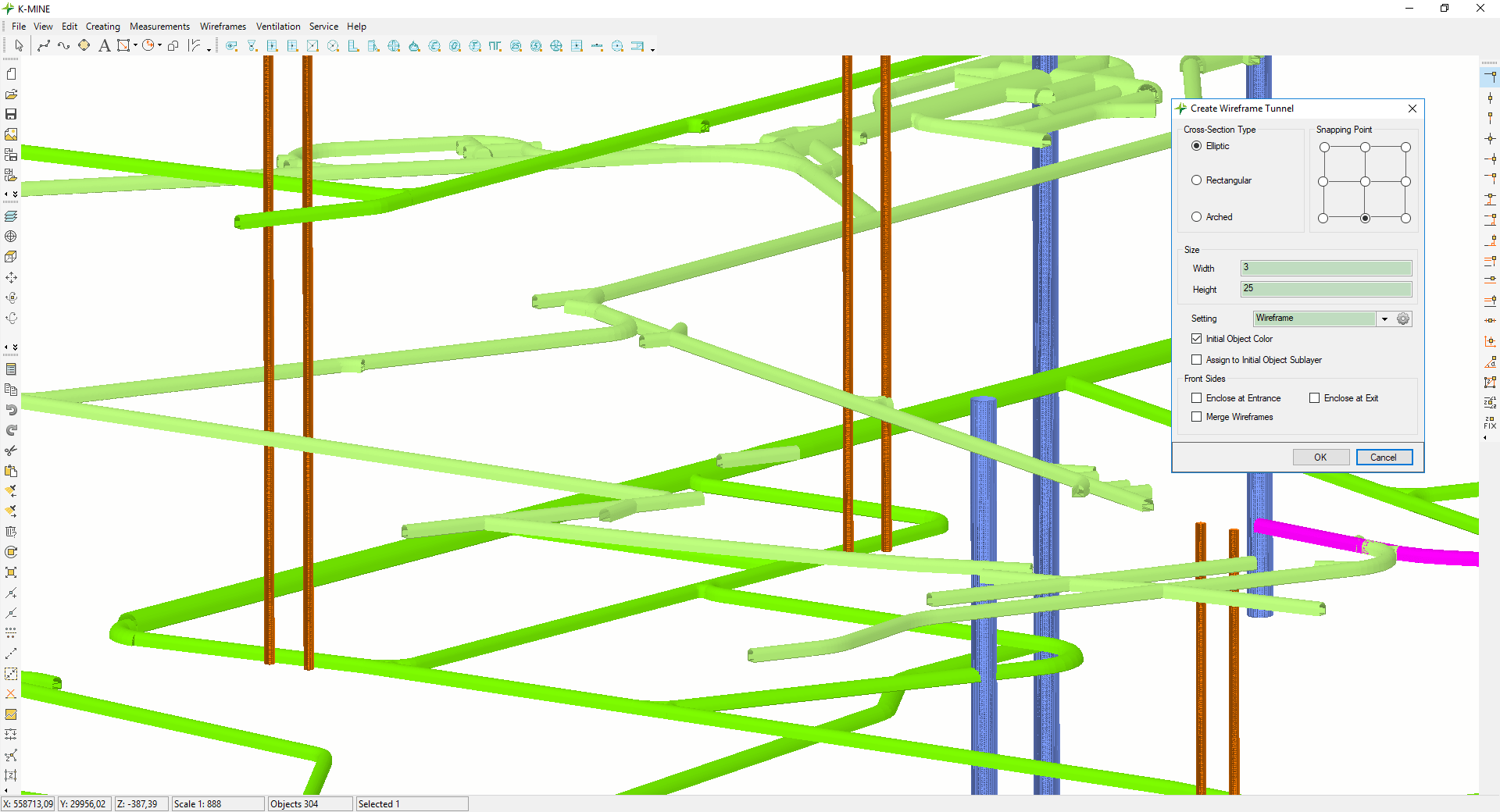 Creating a wireframe 3D-model of underground ventilation system