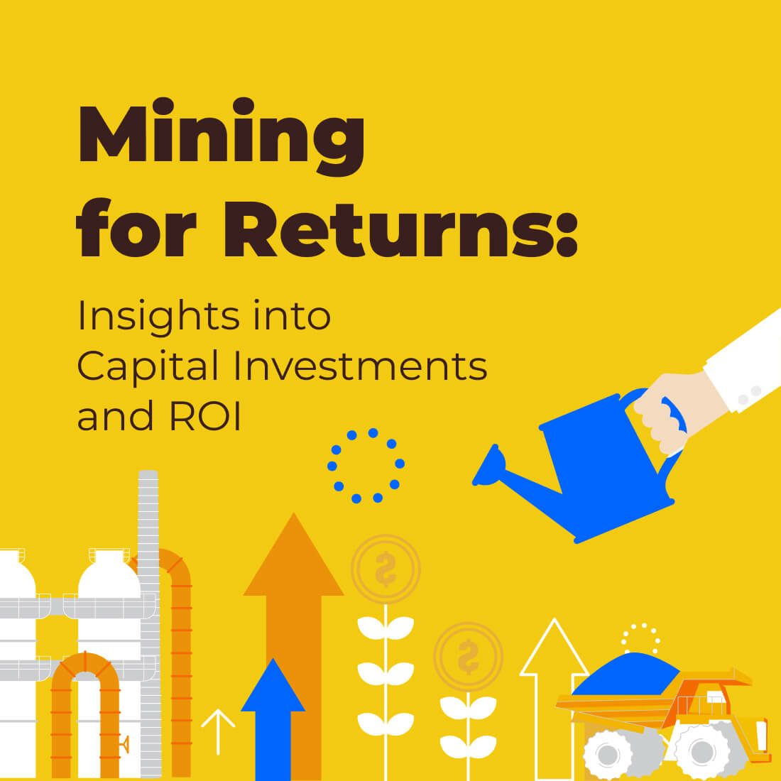 Capital Investments in Mining: Mining site with heavy machinery, dollar symbols, and financial graphs, illustrating investment needs.