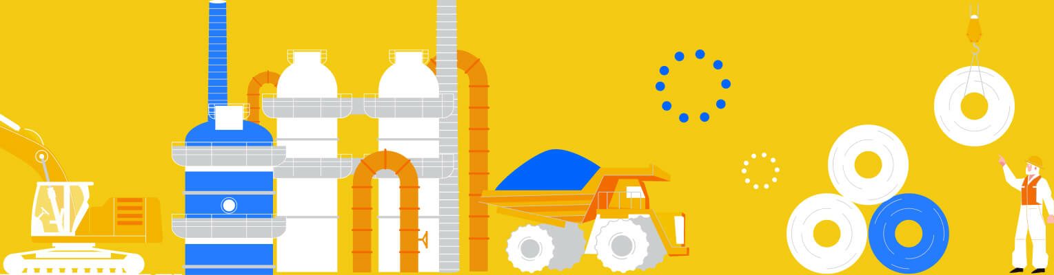 Mining Challenges: Mining site with icons for political, financial, and environmental risks.