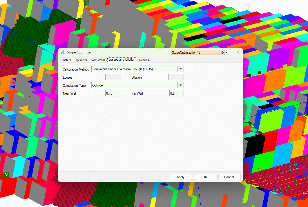 Mining Software in Action – A computer screen displaying K-MINE's stope optimization interface, with a geological block model, mining unit clustering, and real-time economic analysis.