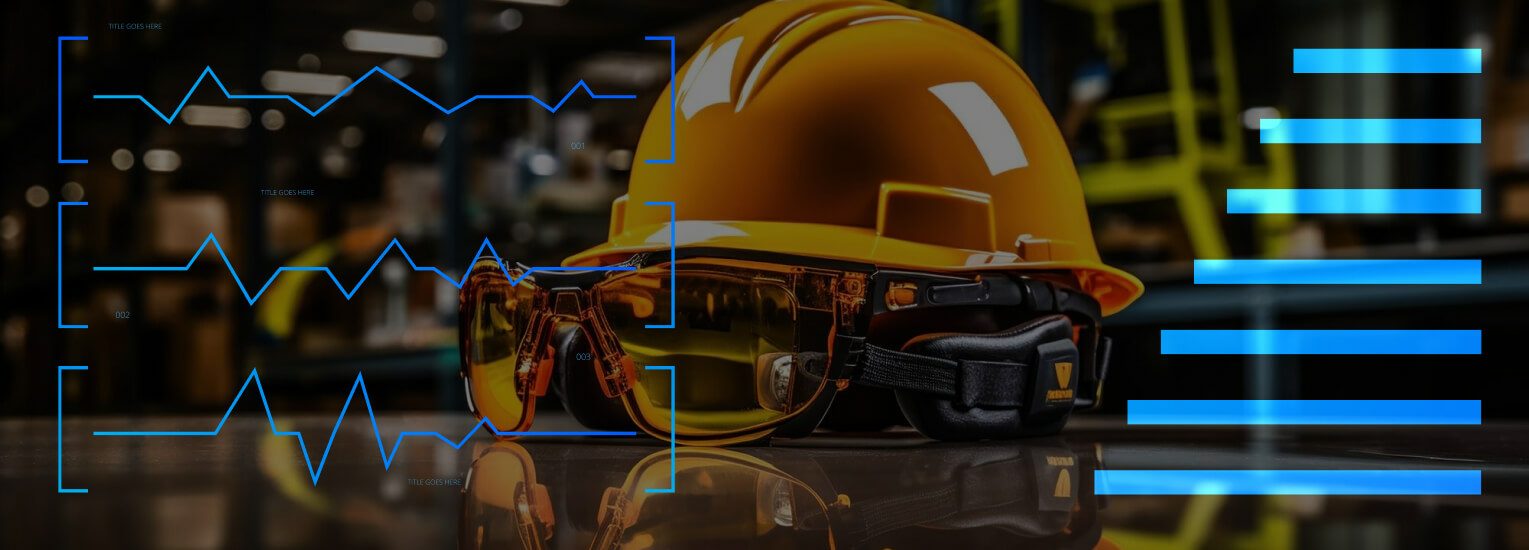 An open-pit mining scene with haul trucks and AI-supported machinery, emphasizing real-time data analytics for accident prevention.
