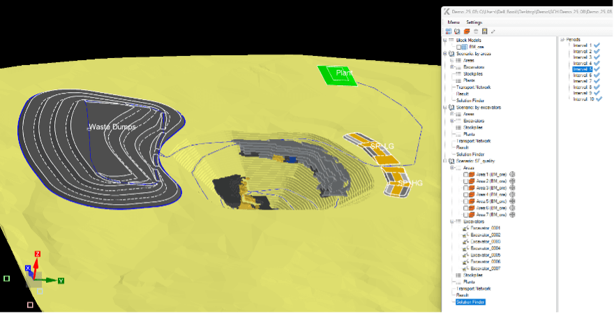 it can evaluate any configured scenario, including quality constraints at stockpiles or the plant, maximum stockpile capacity per interval, and more.