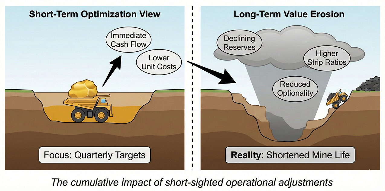 Short-term optimization in mining is rarely a single, dramatic decision. In practice, it appears as a sequence of operational adjustments that individually look logical, defensible, and even financially responsible, but collectively erode the long-term value of the asset.
