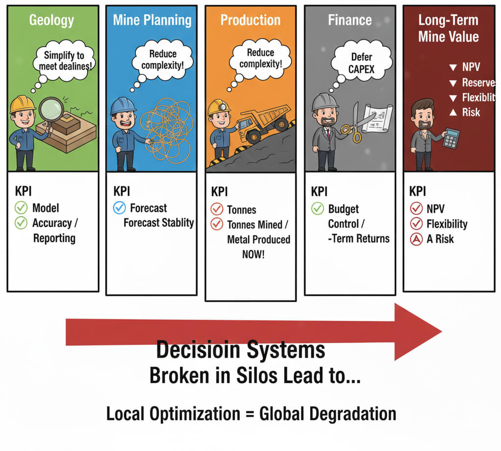 In many mining operations, long-term value is not destroyed by bad decisions. It is destroyed by too many good decisions made in isolation.